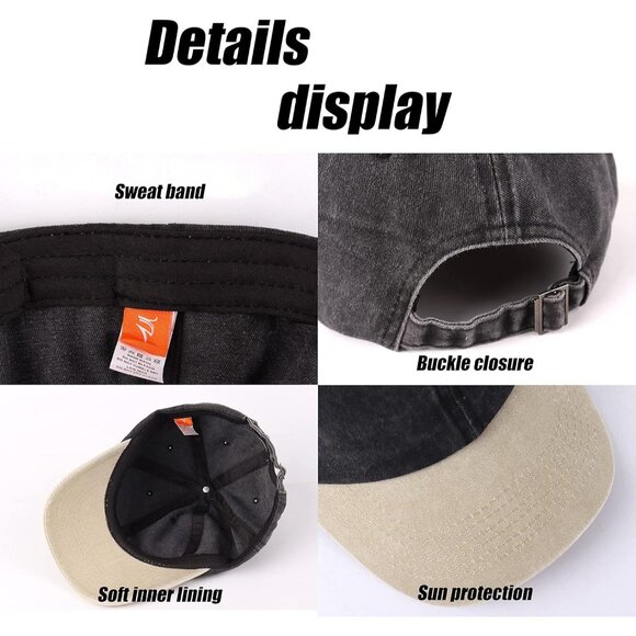 Unisex Black With Khaki Baseball Cap Cotton Soft Fit Washed Denim Adjustable Hat - Picture 5 of 6